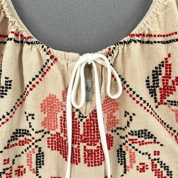 LEEBA MARKS Vintage Shirt Womens Large Cream Embroidered Boho Peasant - Picture 6 of 12